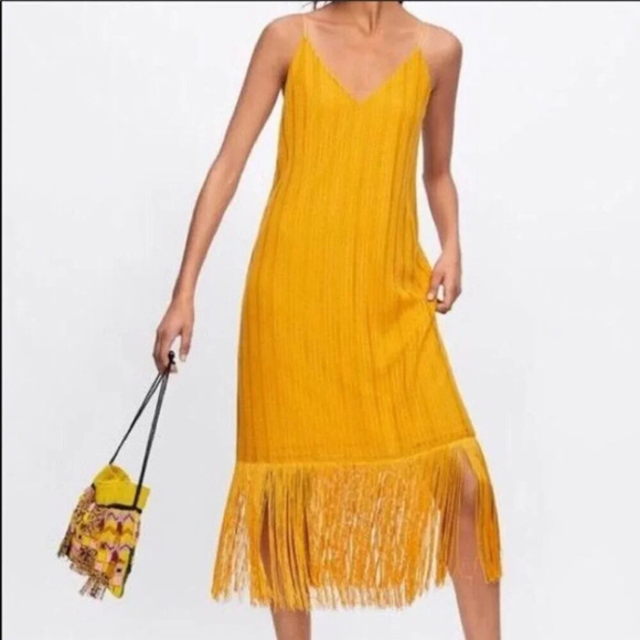 Zara Fringe Hem Midi Dress Marigold  Mustard Yellow Size Small - Picture 5 of 10